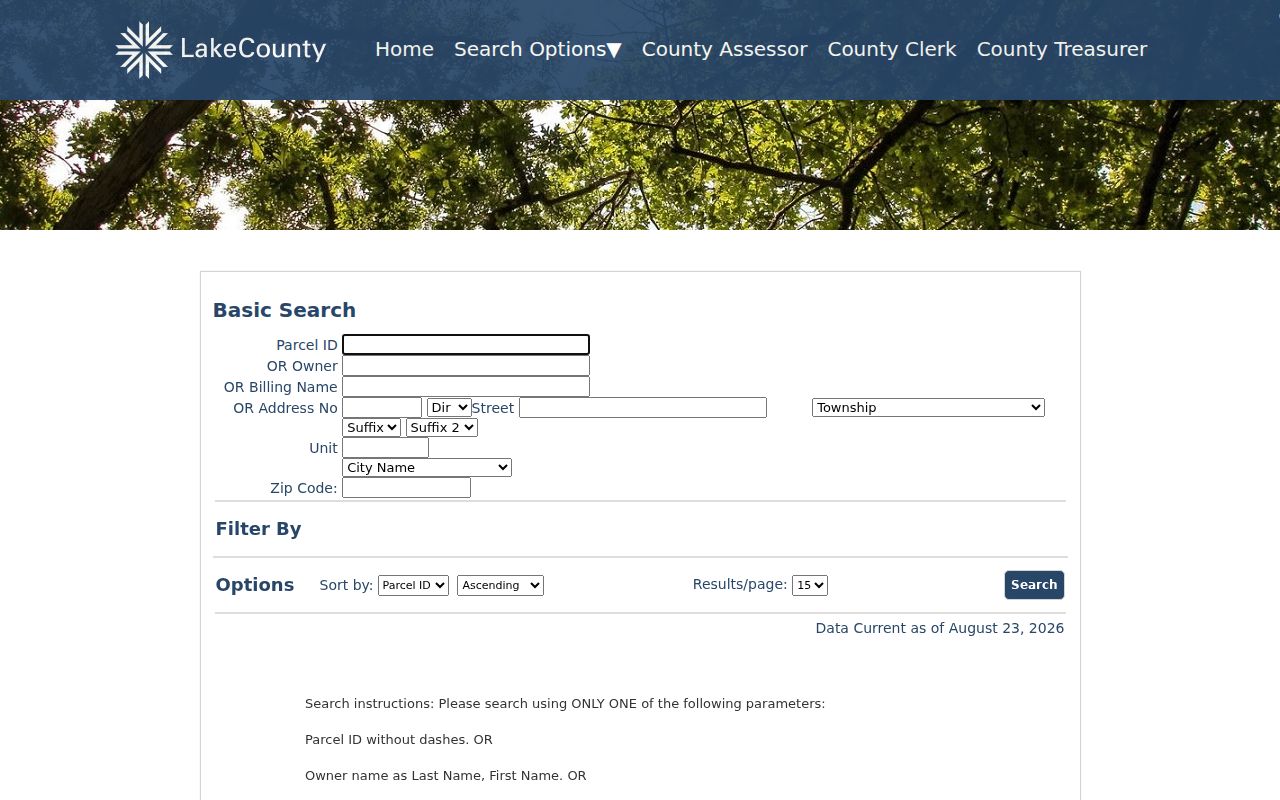 Lake County property search fields for the Zion residents directory