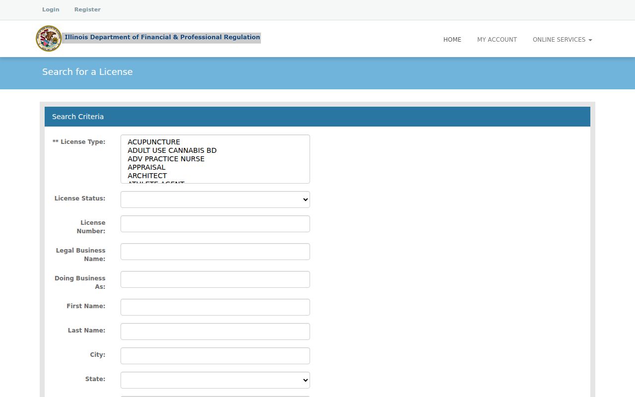 Illinois professional license search used to verify a Zion resident's public credential