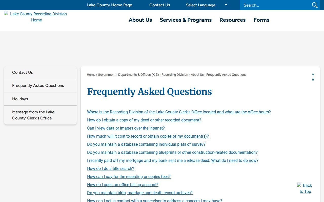 Zion street directory Lake County recorder access guidance